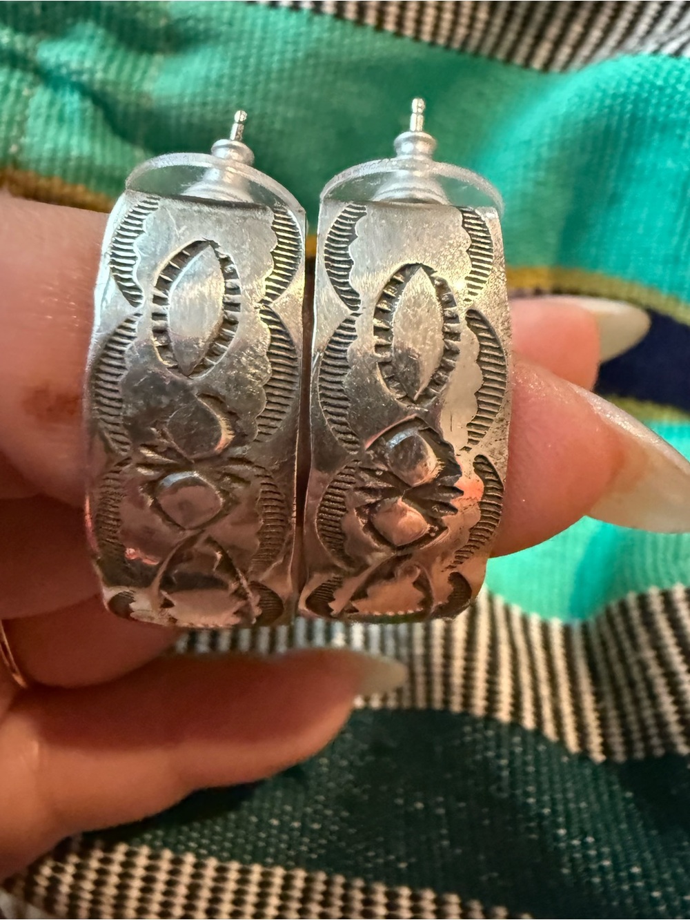 Hand-Stamped Sterling silver Hoop Earrings - Intricate Pattern Navajo made